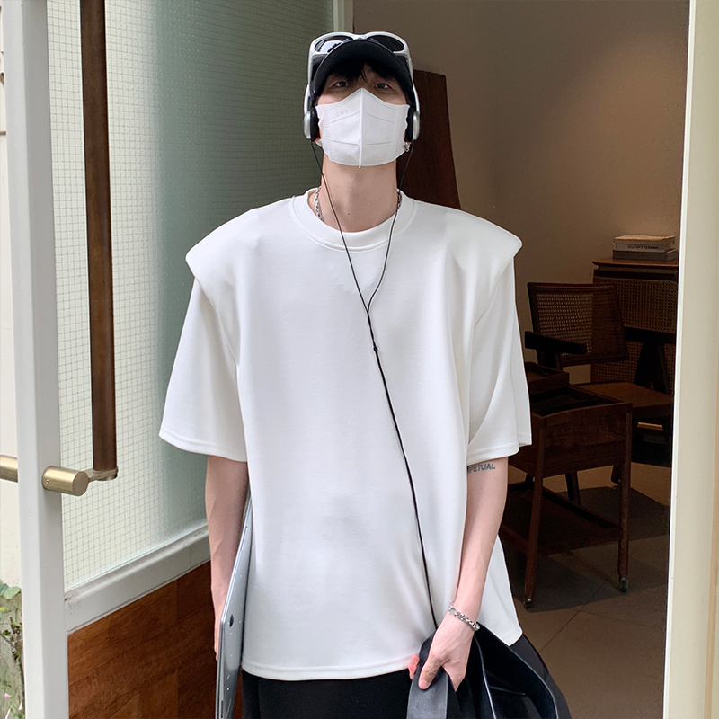 韓国風 オーバーサイズ メンズTシャツ 肩パッド入り 無地 半袖 ビッグシルエット カジュアル トップス
