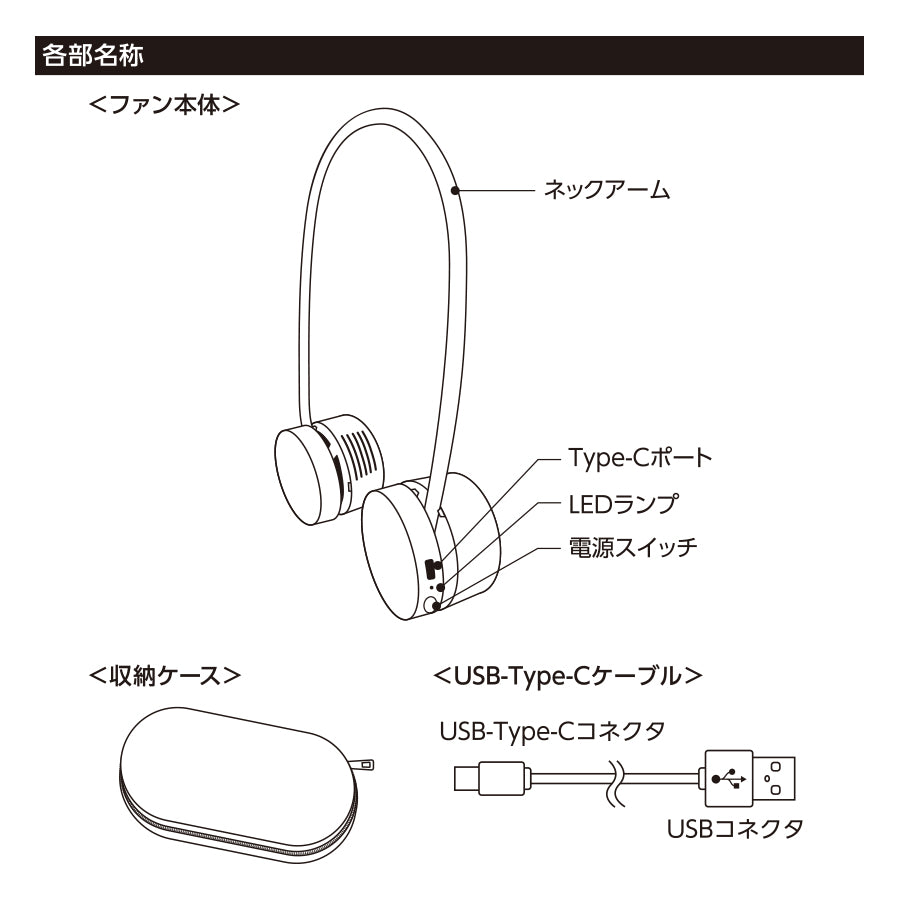 【送料無料】ネックファン 首掛け扇風機 折りたたみ USB コンパクト ケース付き 携帯用 熱中症対策