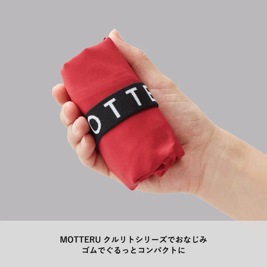 手に持った赤いコンパクトに折りたたまれたエコバッグ