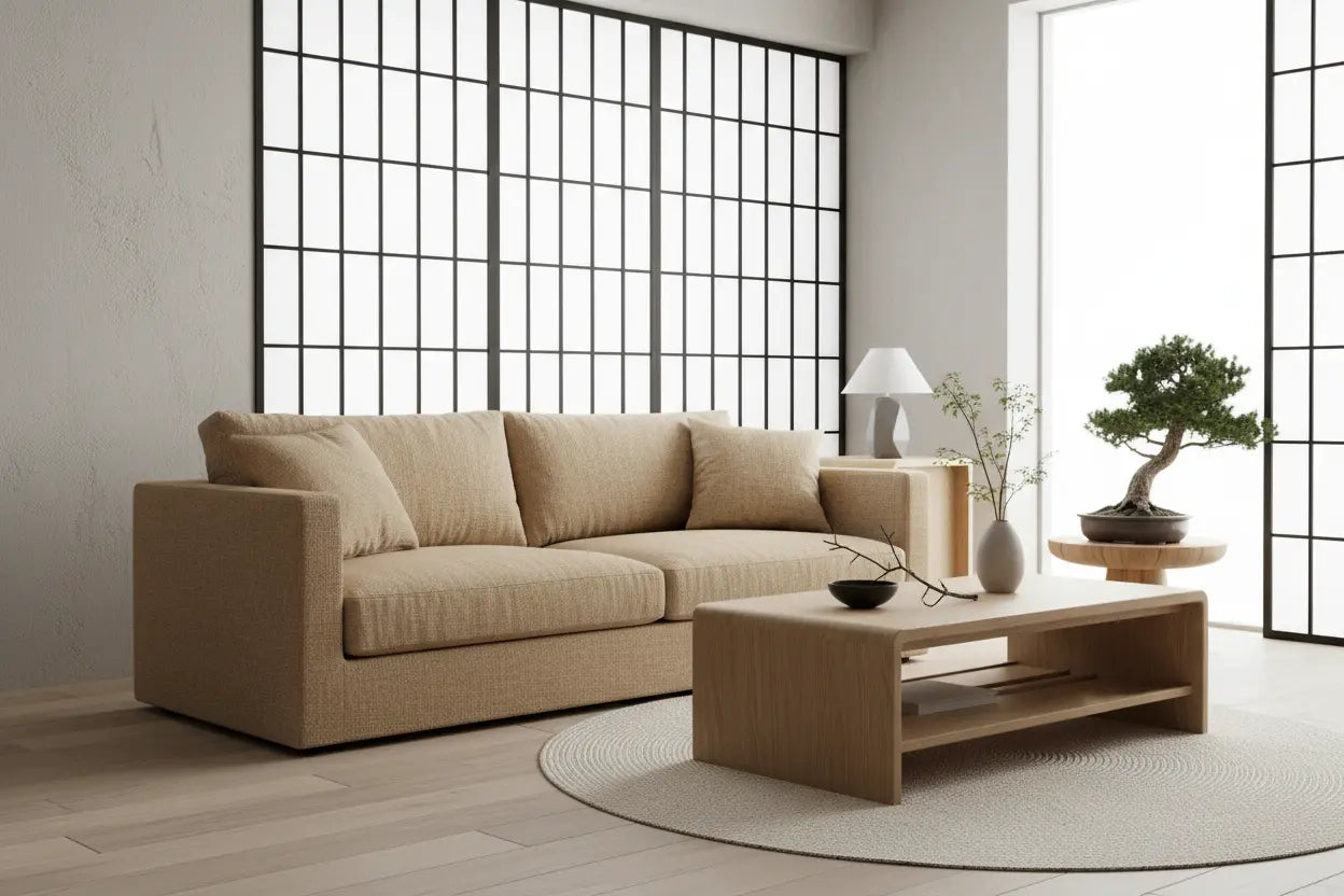 和モダンなリビング、ベージュのソファと木製ローテーブル、観葉植物、障子窓