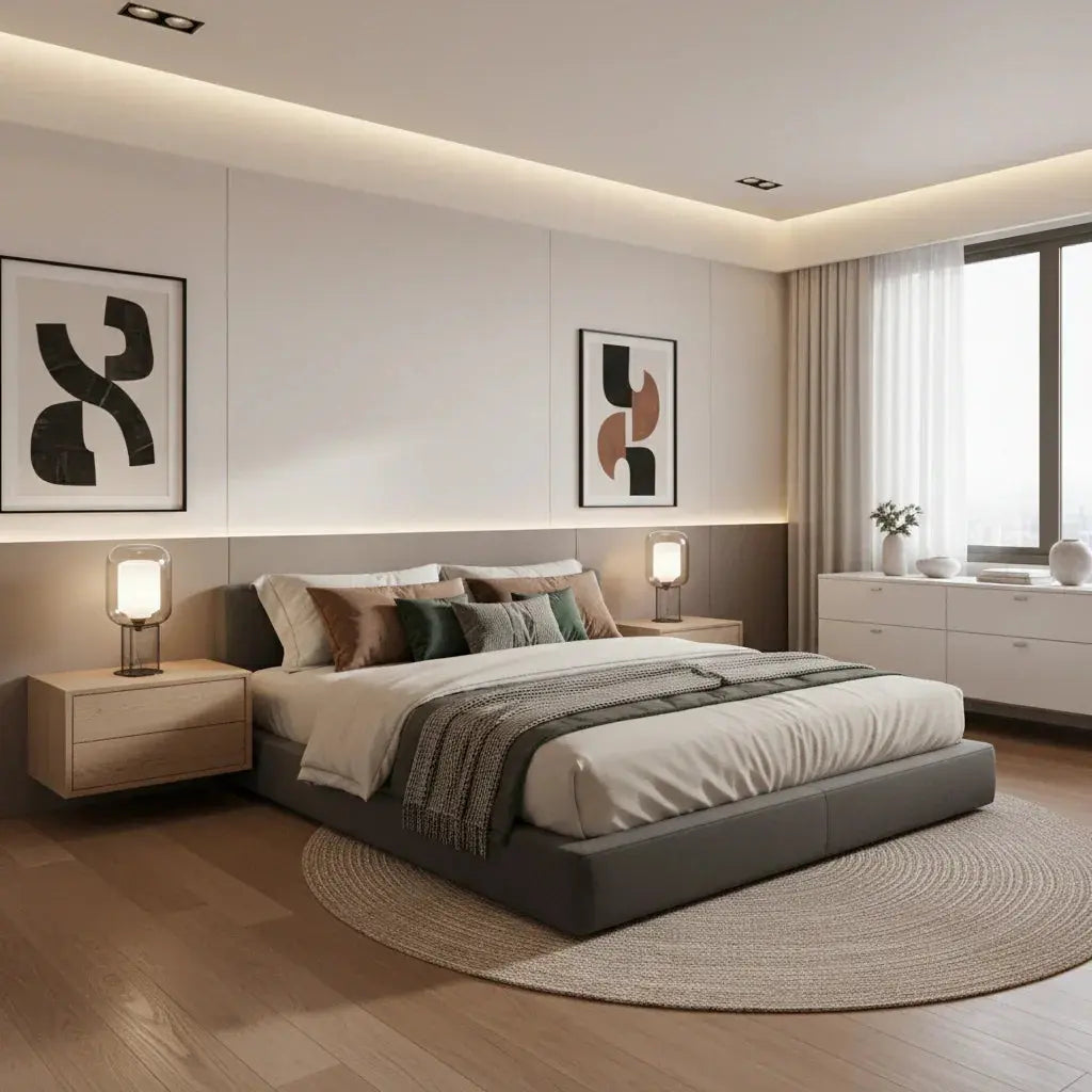 モダンなベッド、木製ナイトテーブルとラグがある明るい寝室インテリア