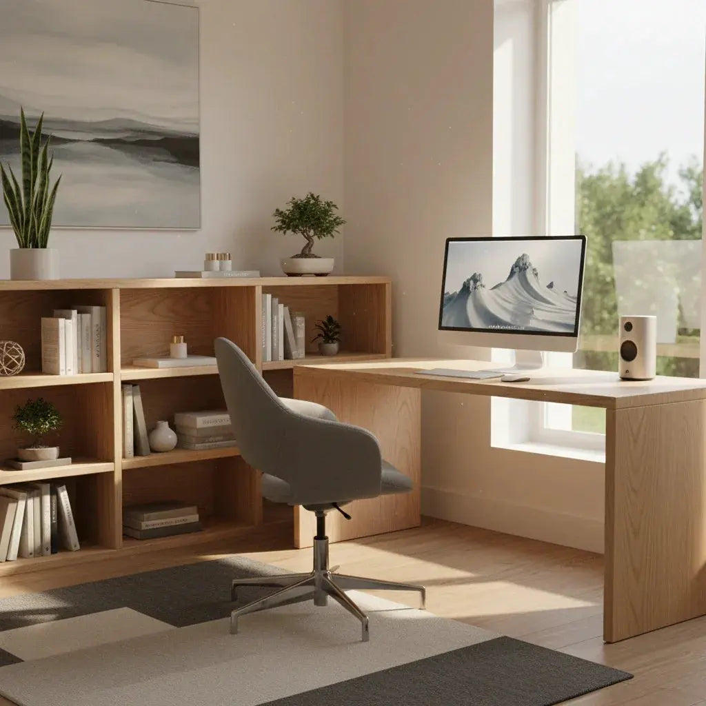 ナチュラルウッドのデスクと本棚がある明るいホームオフィス、モダン家具と観葉植物