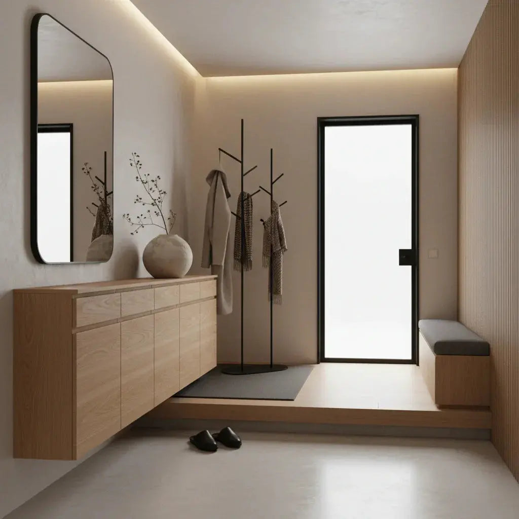 北欧風の玄関収納、ベンチ付きでシンプルな木製シューズ収納とミラー