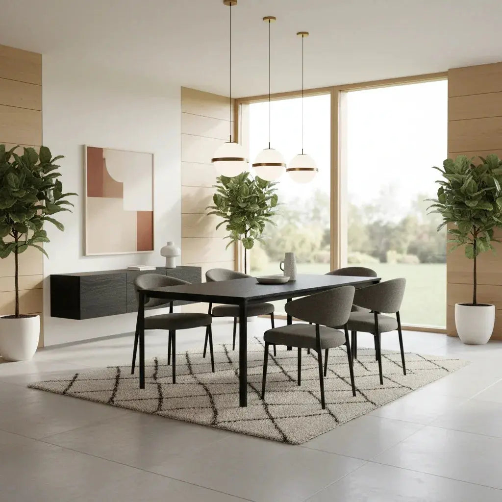 モダンなダイニングテーブルとチェア6脚、観葉植物、北欧風インテリアの明るい部屋