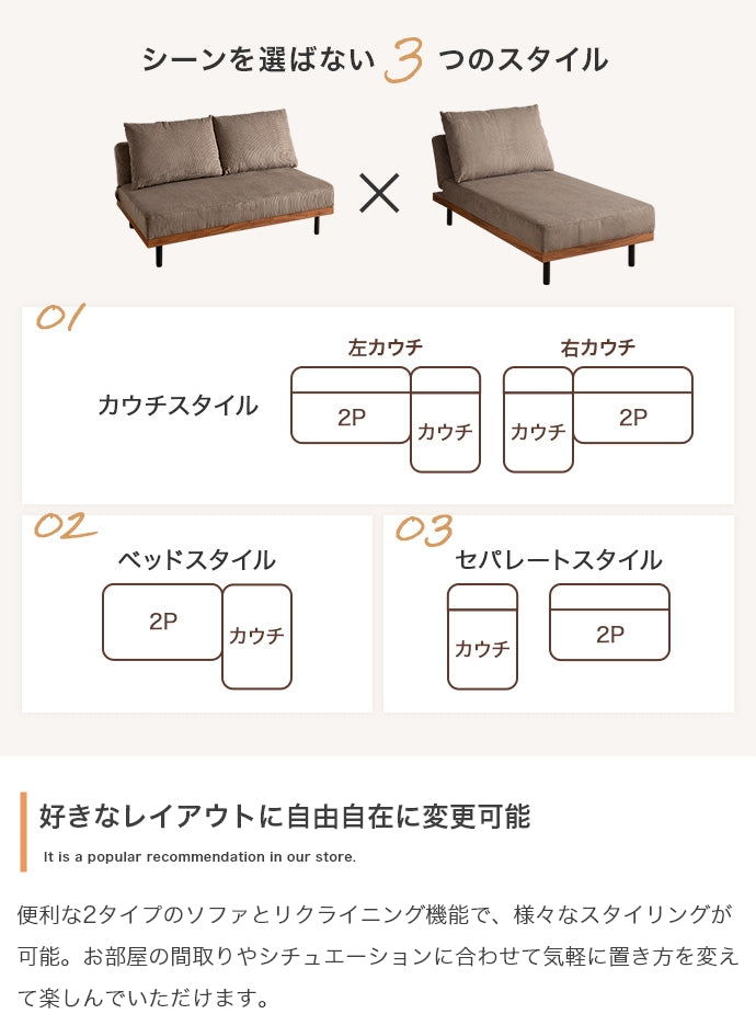 【単品】リクライニングコーデュロイ2人掛けソファ