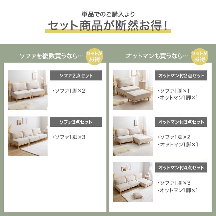 【2点セット】ファブリックローソファ1脚+オットマン1脚