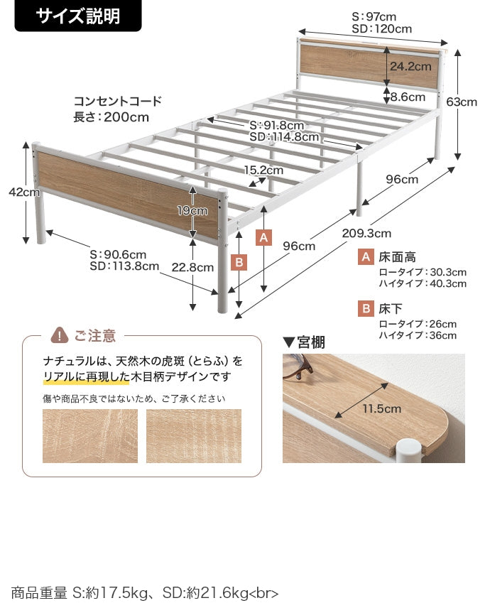【セミダブル】コンセント&宮棚付きパイプベッド(ボンネルマットレス付き)
