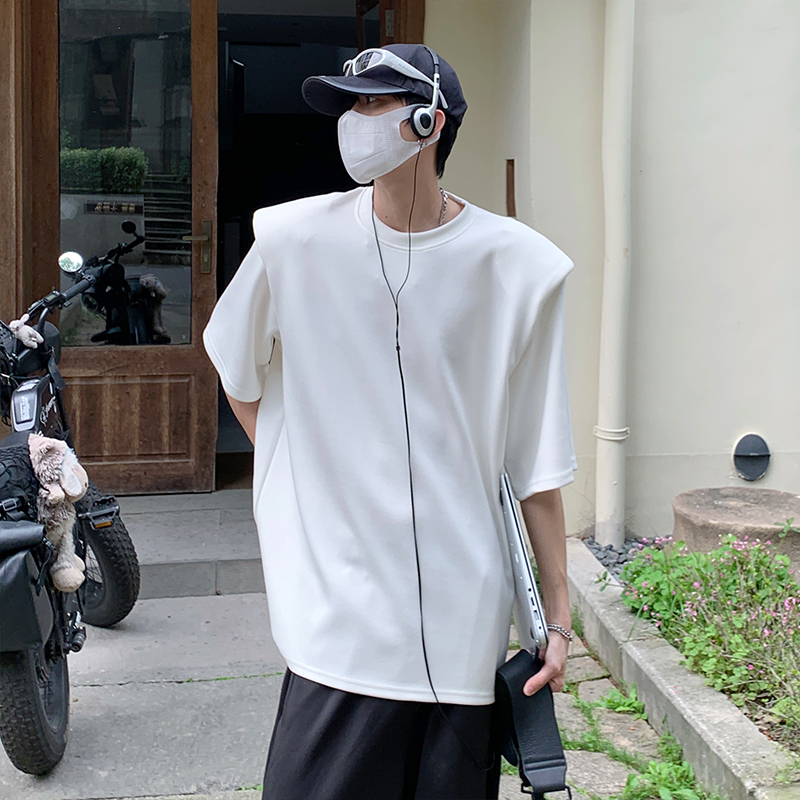 韓国風 オーバーサイズ メンズTシャツ 肩パッド入り 無地 半袖 ビッグシルエット カジュアル トップス
