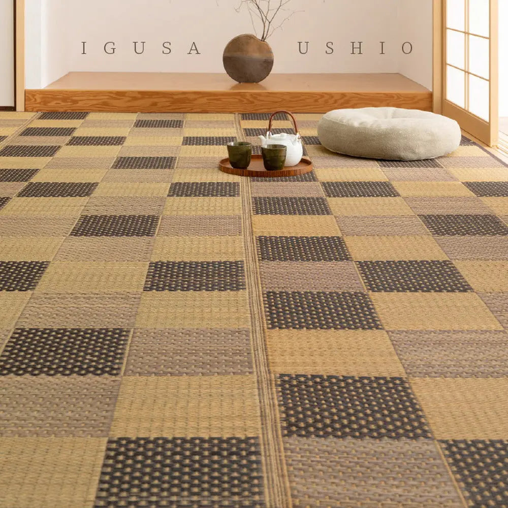 い草カーペット うしお 約261×352cm 江戸間 6畳 6帖 敷き詰め 柄上敷き 花ござ い草ラグ 和モダン 市松模様 HAGIHARA