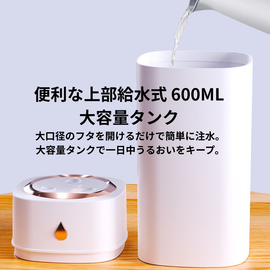 [600ml大容量] 静音加湿器 ナノミスト 上部給水 七色LEDライト USB卓上加湿器 乾燥対策 空焚き防止 オフィス 寝室 車載用 おしゃれ かわいい