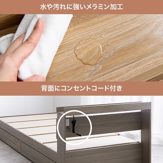 [S] 収納付きベッド＋ボンネルコイルマットレスセット 2口コンセント付き エコロファニチャー