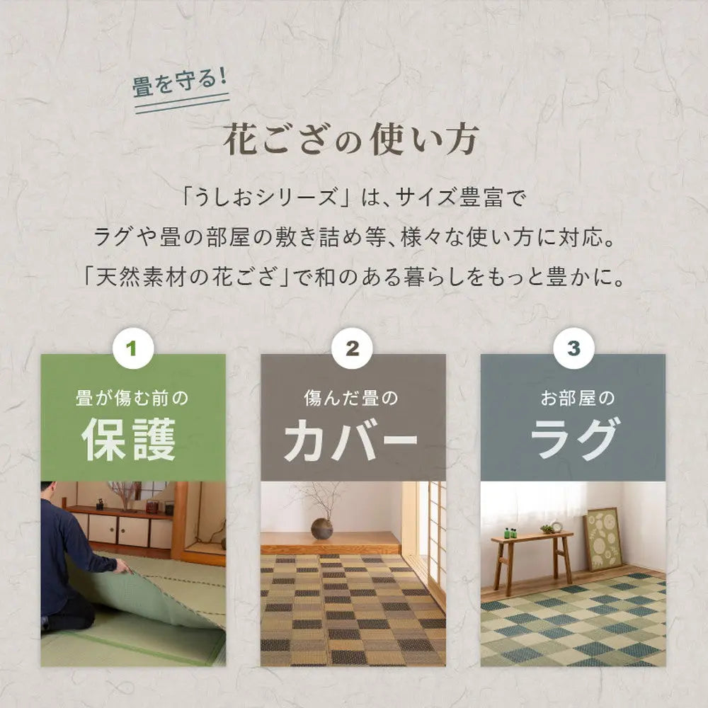 い草カーペット うしお 約348×352cm 江戸間 8畳 8帖 敷き詰め 柄上敷き 花ござ い草ラグ 和モダン 市松模様 HAGIHARA