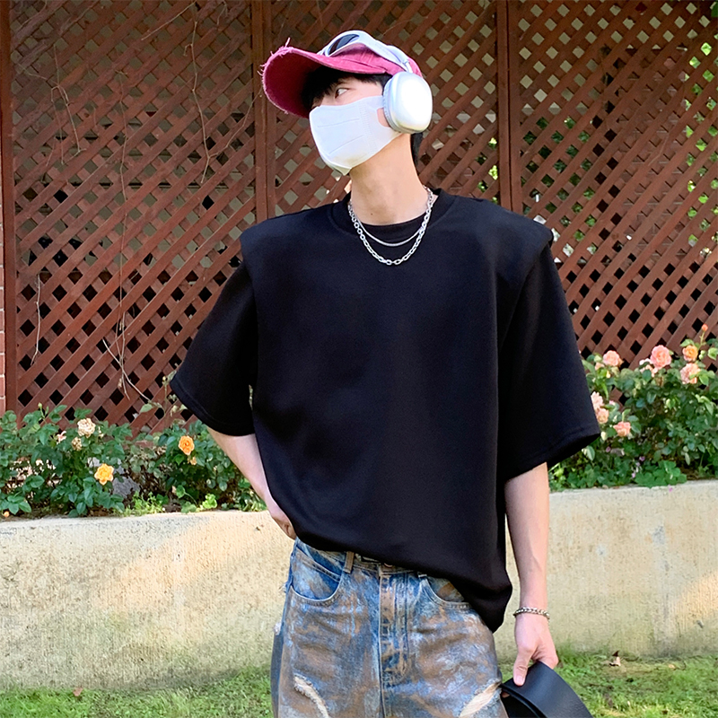 韓国風 オーバーサイズ メンズTシャツ 肩パッド入り 無地 半袖 ビッグシルエット カジュアル トップス