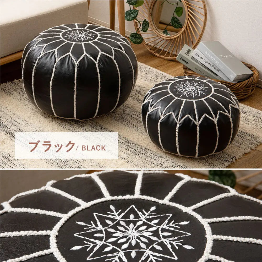 プフ スツール ルタ 直径約40cm Mサイズ 円形 クッション オットマン フェイクレザー 合皮 モロッカン 刺繍 HAGIHARA