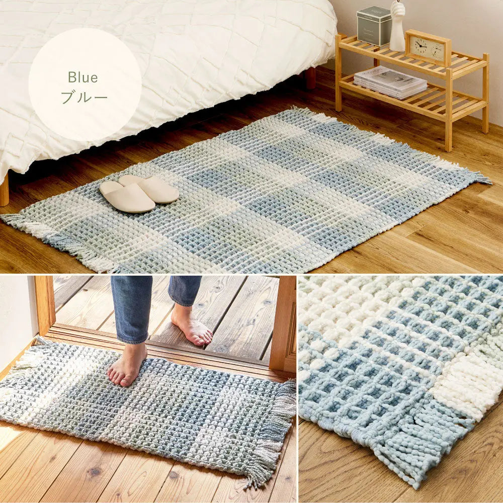 洗える キッチンマット エルフ 約45×120cm ロングマット ワッフル ギンガムチェック 厚手 ポコポコ HAGIHARA
