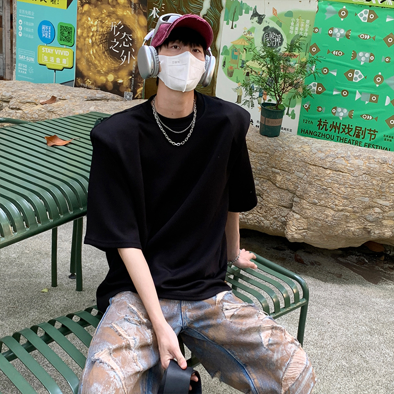 韓国風 オーバーサイズ メンズTシャツ 肩パッド入り 無地 半袖 ビッグシルエット カジュアル トップス