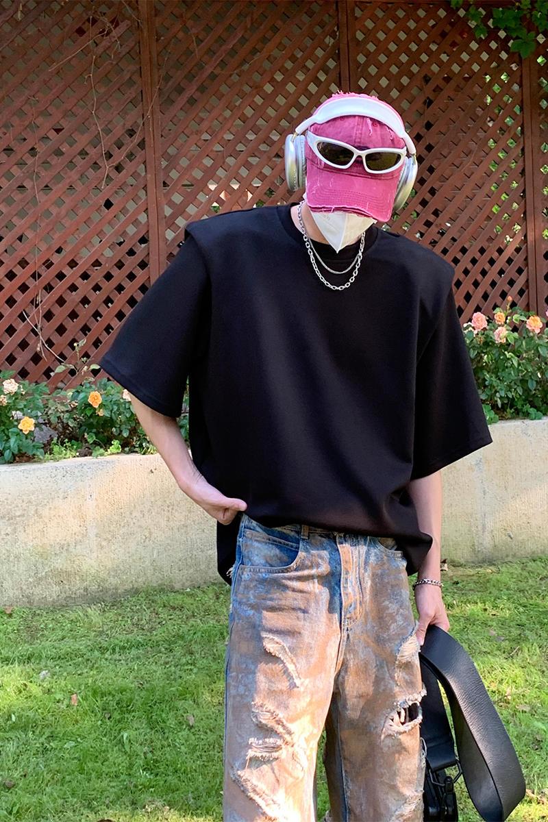 韓国風 オーバーサイズ メンズTシャツ 肩パッド入り 無地 半袖 ビッグシルエット カジュアル トップス