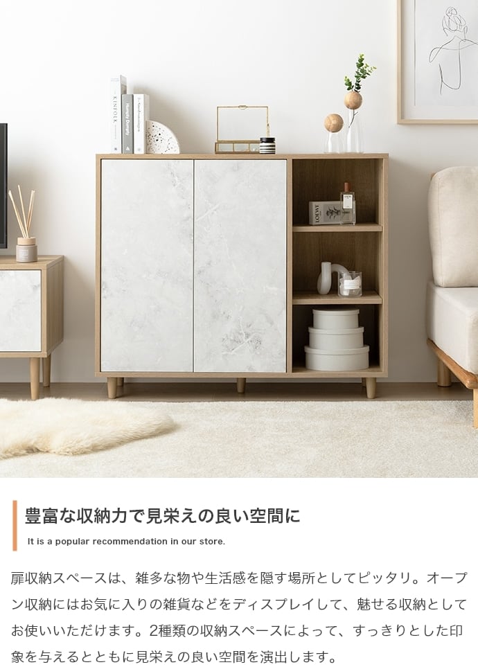 [幅96cm] バイカラーキャビネット ノイズレスデザイン 可動棚 開閉プッシュオープン式 エコロファニチャー