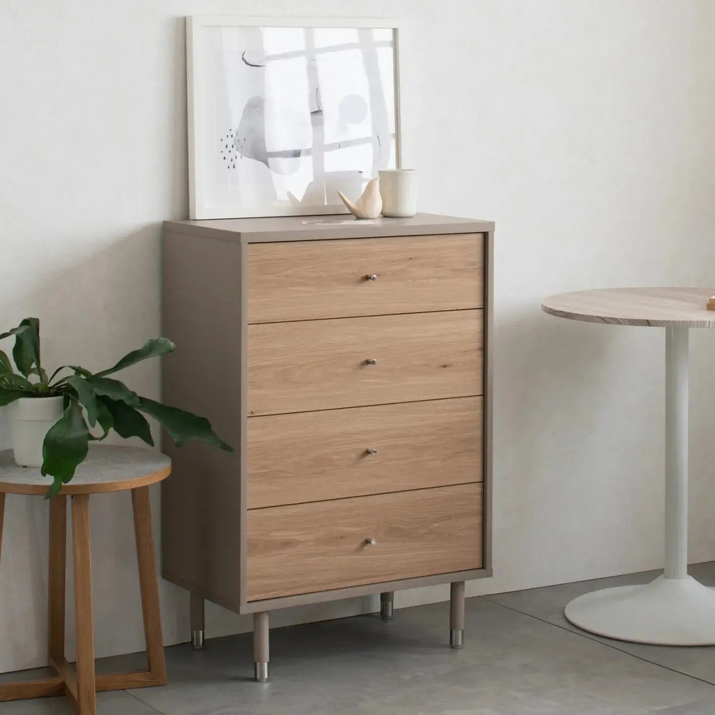 [幅60cm] チェスト 4段 引き出し スリム 奥行35cm 脚高15cm コロレール 木目×グレージュ 北欧風 リビングチェスト タンス 収納ラック おしゃれ リビンズ