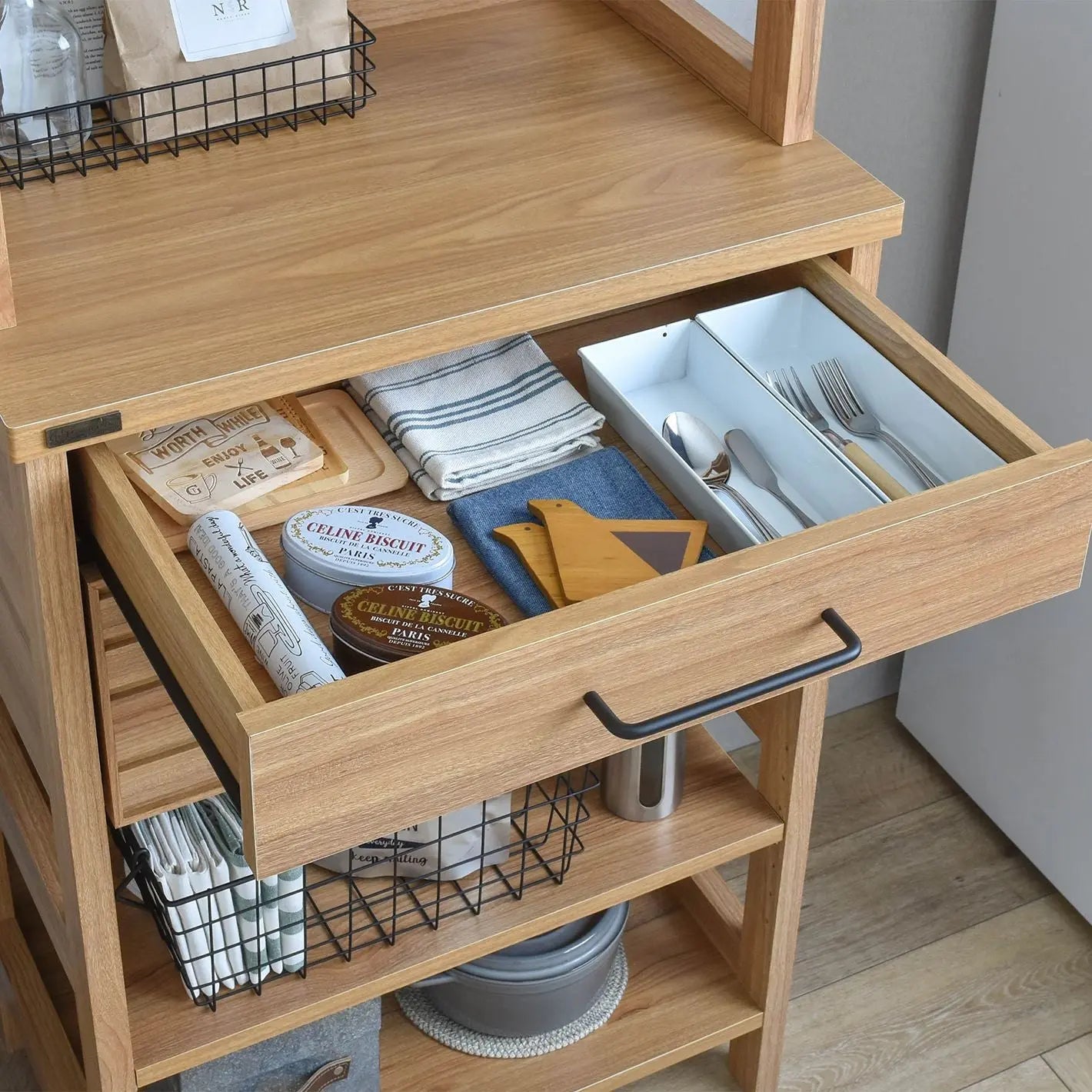 [幅60cm] キッチン キッチン収納 キッチンラック オープン収納 引出し 引出し収納 有孔ボード おしゃれ 北欧 木目調 ハイタイプ LAFIKA ラフィカ 4FUL