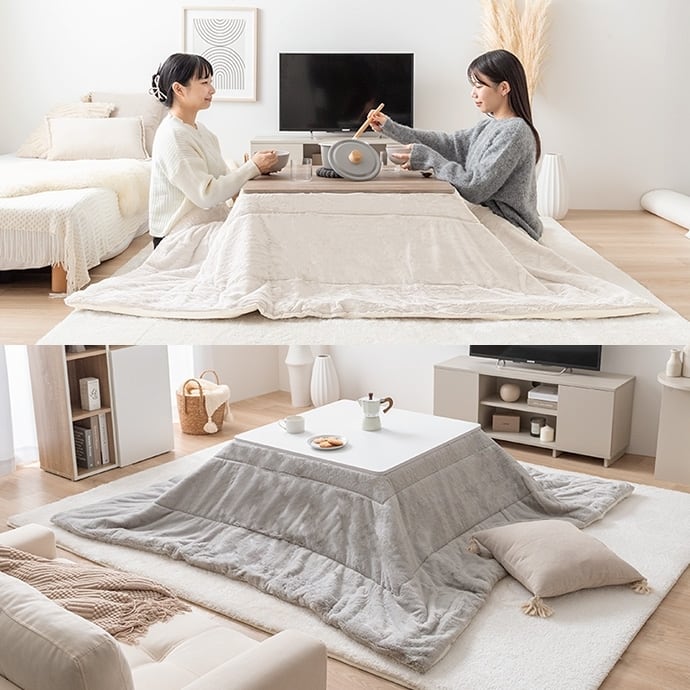 [正方形:天板 75cm×75cm] こたつ&掛け布団2点セット リバーシブル(表地:フェイクラビットファー) コンパクト収納可 エコロファニチャー
