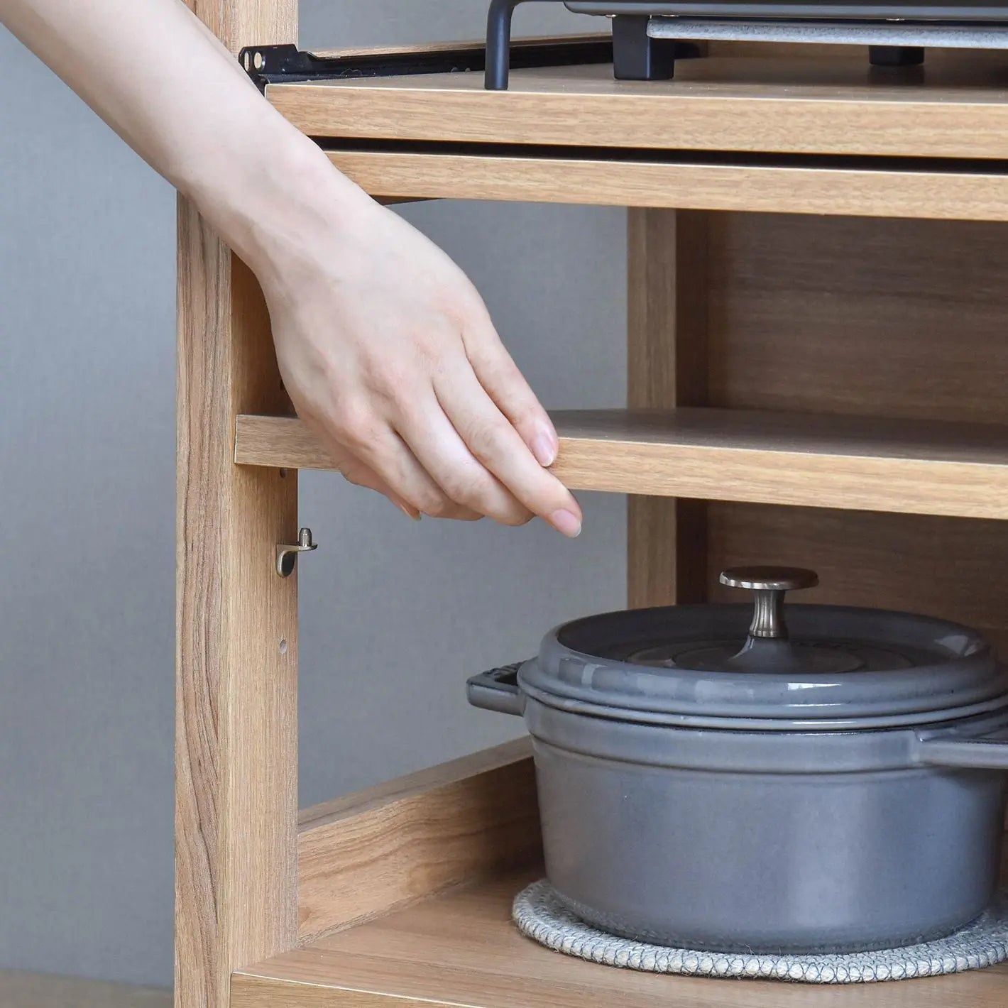 [幅90cm] キッチン キッチン収納 レンジラック レンジボード レンジ台 オープン収納 扉収納 ストック収納 引出し 有孔ボード おしゃれ 北欧 木目調 ロータイプ LAFIKA ラフィカ 4FUL