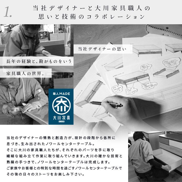[幅90㎝] センターテーブル 日本製 大川家具 Noir ノワール 引出し収納付き ナカバヤシ