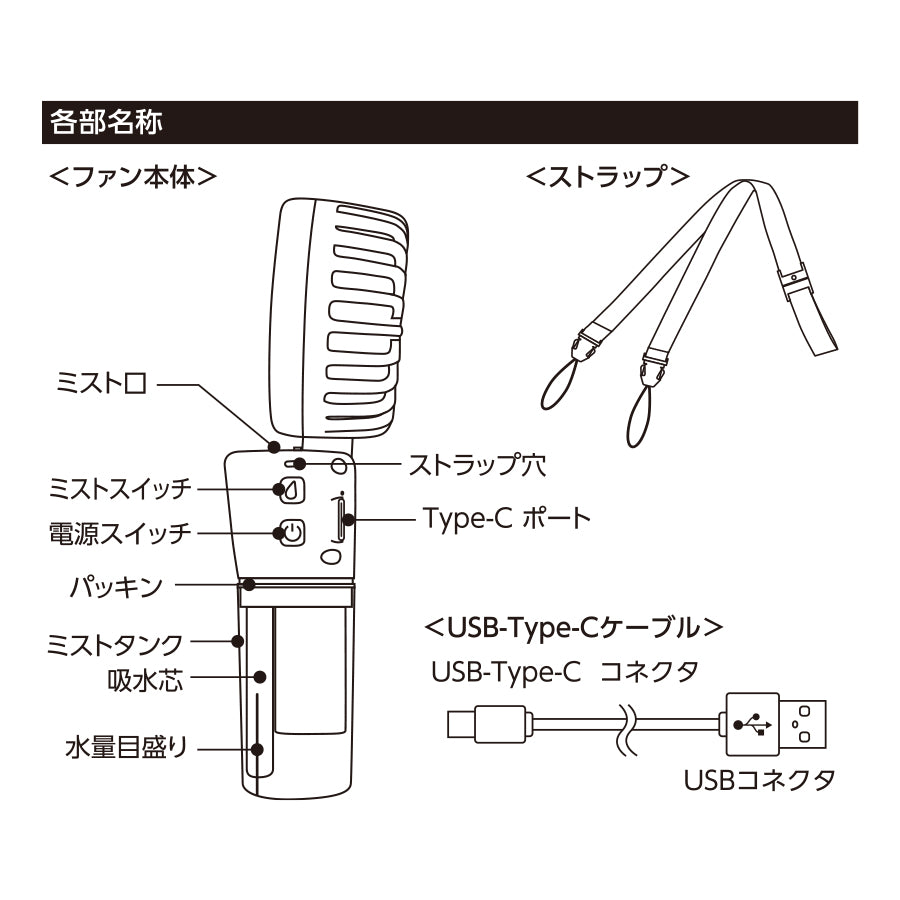 【送料無料】ミストハンディファン USB扇風機 加湿機能付き 小型 携帯用 4段階風量 冷却 ストラップ付き 熱中症対策