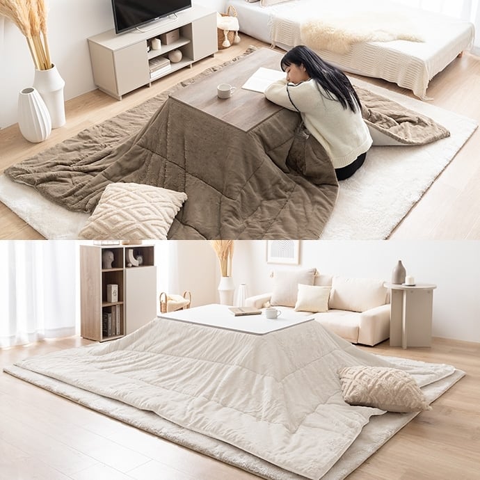 [正方形:天板 75cm×75cm] こたつ&掛け布団2点セット リバーシブル(表地:フェイクラビットファー) コンパクト収納可 エコロファニチャー
