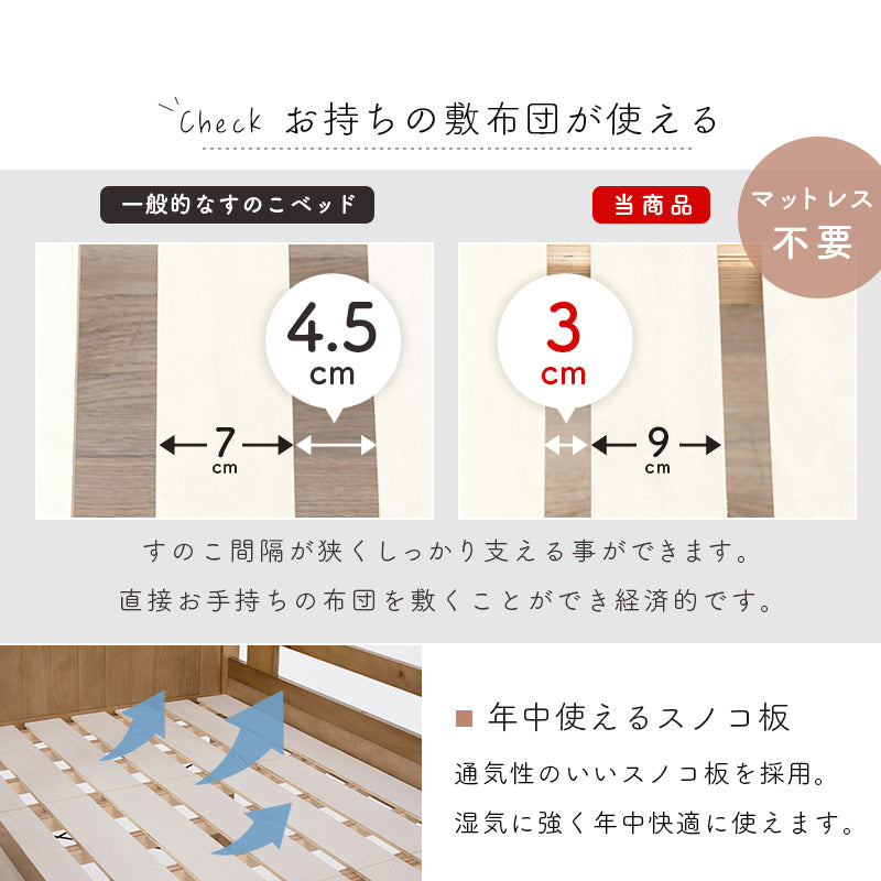 【ロフトタイプ】天然木すのこロフトベッド ハイタイプ 収納スペース付き 木製ベッド はしご付き シングル 頑丈 北欧