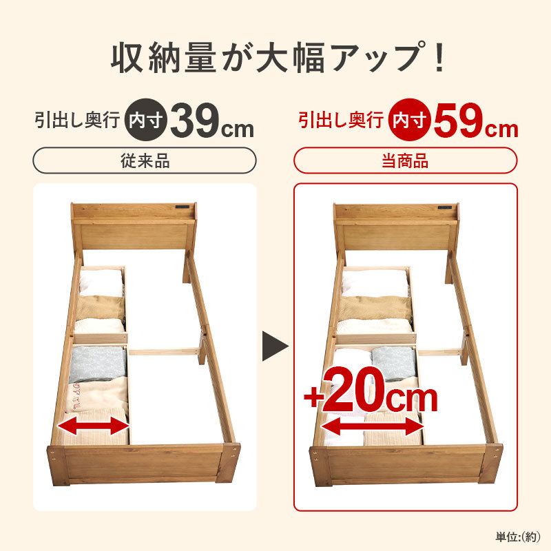 【引き出し収納付き】木製すのこベッド 宮棚付き スマホスタンド対応 シングルベッド 大容量収納