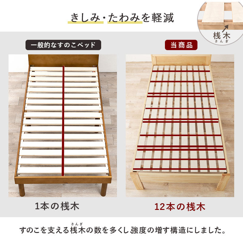 【高さ調整可能】頑丈すのこベッド 宮棚付き 落下防止フチ付き シングルベッド 天然木