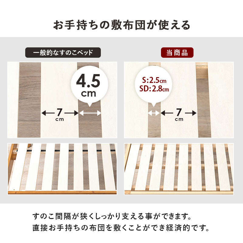 【高さ調整可能】頑丈すのこベッド 宮棚付き シングルベッド 天然木 ロングサイズ対応