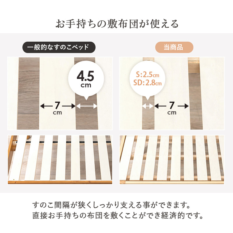 【大容量収納】高さ3段階調整 頑丈天然木すのこベッド シングルベッド マットレスセット