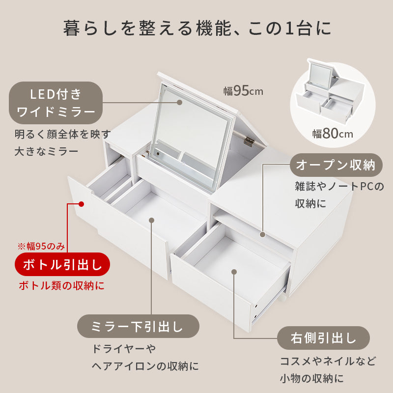 【LEDライト付き】ドレッサーテーブル 大容量収納 コスメ収納 メイク台