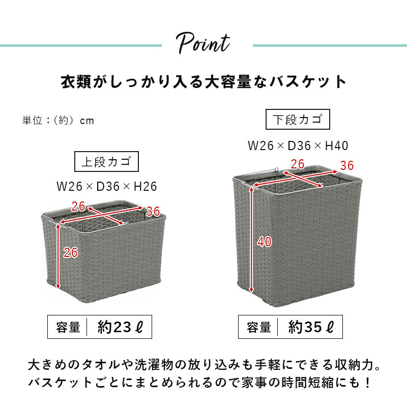 【持ち運びバスケット付き】ランドリーワゴン 分別収納 キャスター付き