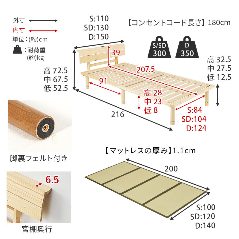 【天然い草仕様】畳すのこベッド 3段階高さ調整 ロングサイズ 木製ベッド