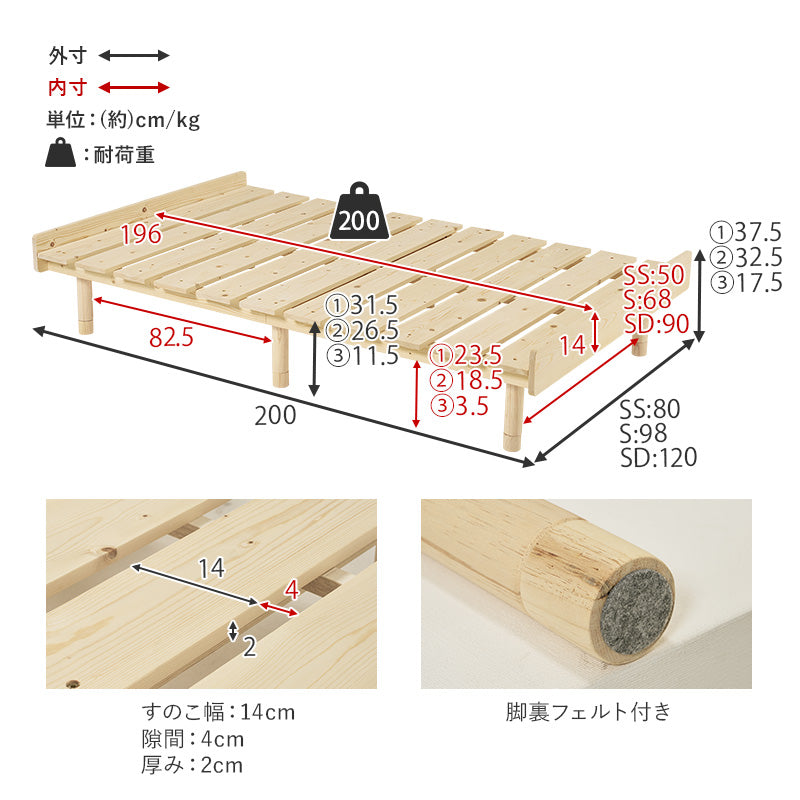 【無塗装パイン材】3段階高さ調整すのこベッド 木製ベッド ナチュラル